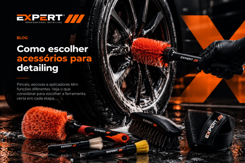 Acessórios para detailing automotivo com pincéis escovas e aplicadores Expert